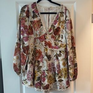 Floral Lace-Trim V-Neck Peasant Blouse - Cream with Pink & Rust Floral